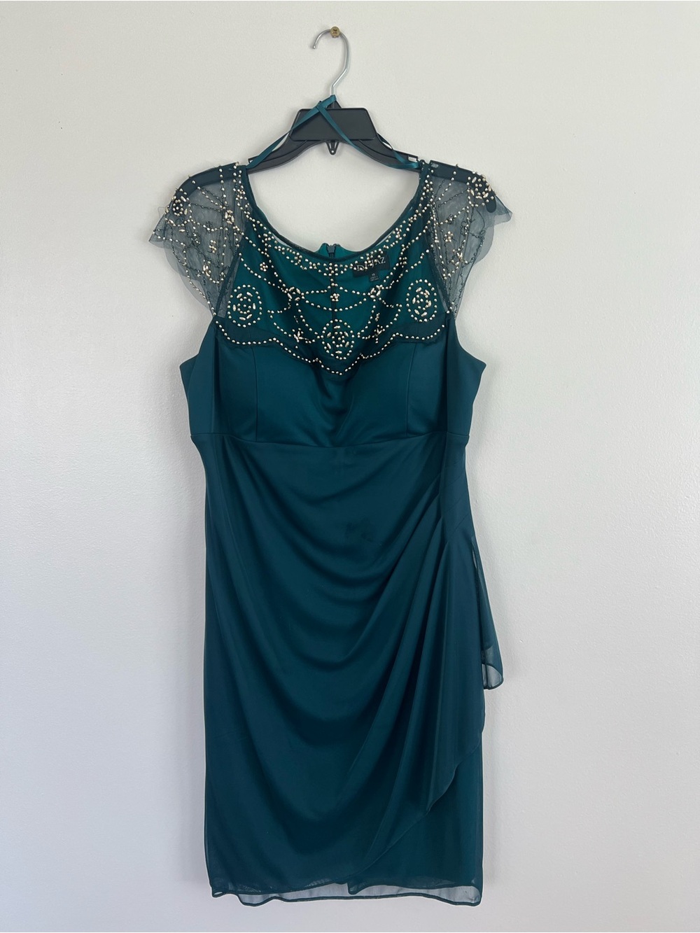 Embellished Teal Midi Sheath Dress with Mesh Yoke